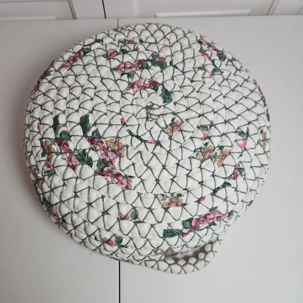 Vintage Braided Rag Rug Basket with Handles - Floral White Pink Green Tan